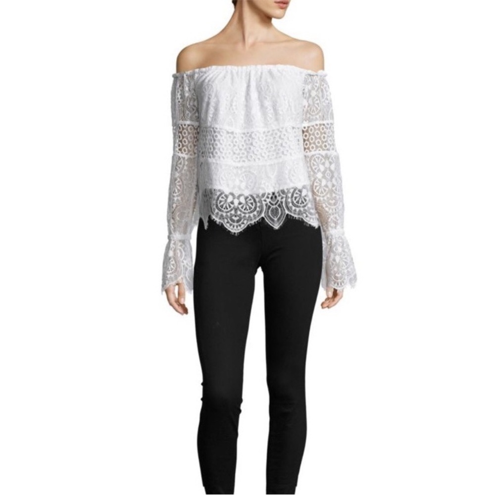 Kendall + Kylie Off The Shoulder Lace Top Crochet White Blouse Top Bell Sleeve